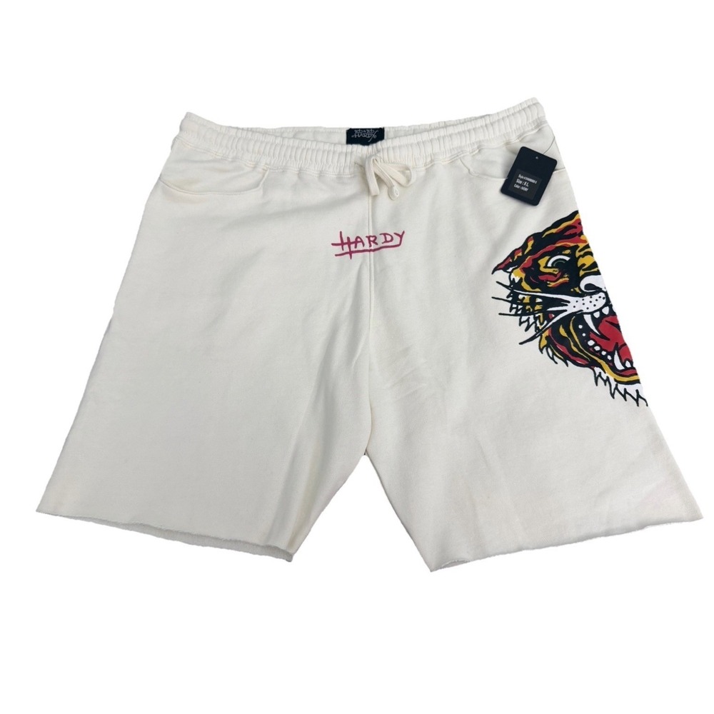 Ed Hardy Men's Ivory Short Roaring Tiger Sweat W/Pink Ed Hardy On Back  Size XL